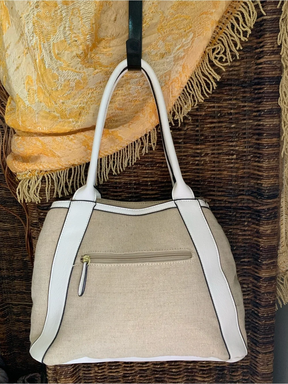 Canvas and White Trim Tote Bag - Women's Neutral Shoulder Bag